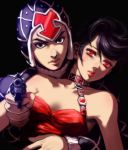  1girl black_hair couple guido_mista gun hat holding hostage human_shield jojo&#039;s_bizarre_adventure jojo_no_kimyou_na_bouken lipstick red_eyes tetsukuzu_tetsuko trish_una weapon 