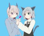  animal_ears blue_eyes blush eila_ilmatar_juutilainen gaki green_eyes hand_holding holding_hands multiple_girls sanya_v_litvyak strike_witches uniform 