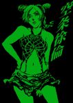  braid bun chito chitose_(love&#9734;strip) double_bun double_buns green jojo&#039;s_bizarre_adventure jojo_no_kimyou_na_bouken kujo_jolyne kuujou_jolyne lowres midriff monochrome navel skirt tattoo 