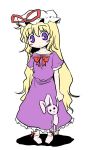  blonde_hair blush_stickers dress haruka_akito hat long_hair lowres pigeon-toed purple_eyes solo stuffed_animal stuffed_toy touhou very_long_hair yakumo_yukari young 