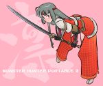  blush g-room_honten green_eyes headband katana long_hair monster_hunter nodachi samurai silver_hair sword weapon 