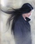  black_hair chen_shu_fen closed_eyes coat highres long_hair realistic smile solo wind 