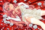  artist_request bride dress elbow_gloves flower garter_belt gloves highres jewelry long_hair louise_francoise_le_blanc_de_la_valliere lying necklace on_back open_mouth pink_eyes pink_hair ring rose roses thigh-highs thighhighs tiara veil wedding_dress white_rose zero_no_tsukaima 
