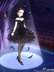 1girl artist_request ballerina bare_shoulders black_collar black_dress black_shoes black_swan_(miracle_nikki) bracelet braid brown_hair chair chinese_commentary closed_mouth collar collarbone commentary_request crown_braid curtains detached_collar dress eyeshadow feather-trimmed_dress feather_sleeves feathers forehead frilled_collar frills full_body grey_pantyhose hair_bun high_heels highres indoors jewelry light_particles light_smile lipstick makeup miracle_nikki necklace nikki_(series) off-shoulder_dress off_shoulder official_art pantyhose purple_eyeshadow red_lips second-party_source shoes short_hair short_sleeves single_hair_bun solo spotlight stage standing updo watermark weibo_watermark 