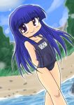  blue_hair furude_rika higurashi_no_naku_koro_ni long_hair marinba one-piece_swimsuit purple_eyes school_swimsuit swimsuit violet_eyes 