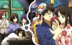  asagami_fujino cigarette closed_eyes dreaming fan food fujou_kirie glasses japanese_clothes kara_no_kyoukai kimono kokutou_azaka kokutou_mikiya ryougi_shiki sleeping smoking wallpaper 