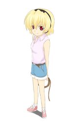  arms_behind bad_id belt blonde_hair hairband headband higurashi_no_naku_koro_ni houjou_satoko red_eyes rope shoes short_hair shorts sleeveless sleeveless_shirt smile standing strange_84 