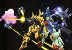  artist_request battle battle_damage beam_rifle damaged energy_beam energy_gun energy_sword explosion fighting_stance firing gun gundam gundam_perfect_file gundam_zz highres holding holding_gun holding_sword holding_weapon humanoid_robot hyaku_shiki jamru_fin joints mecha mechanical_arms mechanical_legs mechanical_wings mobile_suit multiple_others no_humans official_art robot robot_joints side-by-side space star_(sky) sword third-party_source weapon wings zz_gundam 