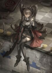  1girl absurdres angelina_(arknights) animal_ears arknights arknights:_endfield bare_shoulders belt black_boots black_gloves black_thighhighs boboyo boots bracelet breasts brown_hair copyright_request crossed_legs diamond-shaped_pupils diamond_(shape) dot_nose dress drill_hair earpiece empty_pool film_grain fold-over_boots fox_ears full_body gilberta_(arknights) gloves grey_dress hair_between_eyes high_belt high_collar highres indoors infection_monitor_(arknights) jacket jewelry lifebuoy long_hair looking_at_viewer medium_breasts muted_color newspaper off_shoulder open_clothes open_jacket orange_eyes paper pool pool_ladder red_jacket rubber_duck sitting sleeveless sleeveless_dress solo stuffed_animal stuffed_toy swim_ring symbol-shaped_pupils teddy_bear thigh-highs tile_floor tiles twintails very_long_hair zettai_ryouiki 