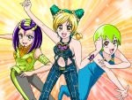  800x600 armband bare_shoulders braid brown_eyes double_bun double_buns dreadlocks foo_fighters gals! green_hair hairlocs hermes_costello jojo&#039;s_bizarre_adventure jojo_no_kimyou_na_bouken kujo_jolyne kuujou_jolyne midriff multicolored_hair multiple_girls navel nozomi_uni open_mouth overalls pants parody precure purple_hair scar short_hair sleeveless smile tattoo 