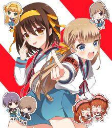  &gt;_&lt; 6+girls :d absurdres akanbe alternate_costume armband asahina_mikuru asahina_mikuru_(cosplay) black_cardigan blue_eyes blue_sailor_collar blue_skirt blunt_bangs brown_eyes brown_hair cardigan character_request chibi chibi_inset cosplay crossover eyelid_pull h_(letter) hair_ribbon hairband highres ichinose_rei idoly_pride kita_high_school_uniform long_hair long_sleeves maid multiple_girls nagato_yuki nagato_yuki_(cosplay) narumiya_kousen narumiya_suzu official_alternate_costume open_cardigan open_clothes open_mouth pleated_skirt pointing purple_hair red_armband red_ribbon revision ribbon sailor_collar school_uniform serafuku shiraishi_chisa shirt skirt smile standing suzumiya_haruhi suzumiya_haruhi_(cosplay) suzumiya_haruhi_no_yuuutsu teeth tongue tongue_out twintails upper_teeth_only white_shirt winter_uniform yellow_hairband yellow_ribbon 