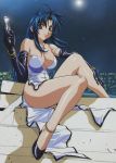  anklet bare_shoulders blue_hair bracelet breasts brown_eyes chidori_kaname cross derivative_work elbow_gloves full_metal_panic full_metal_panic! gloves gun high_heels highres jewelry large_breasts legs long_hair photoshop shoes sitting solo stairs strap_slip weapon 