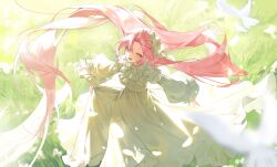  1girl bangs_blown_up commentary dress floating_hair full_body grasslands green_eyes hair_ribbon highres k1my0 long_dress long_hair long_sleeves looking_at_viewer lower_teeth_only neck_ribbon original parted_lips pink_hair puffy_long_sleeves puffy_sleeves ribbon skirt_hold solo teeth very_long_hair white_dress white_ribbon 