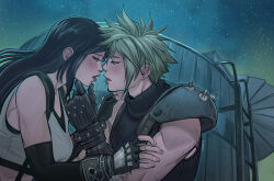  1boy 1girl absurdres afterlaughs arm_strap armor black_gloves black_hair black_shirt black_sleeves blonde_hair blush bolt_(hardware) building cloud_strife commentary commission detached_sleeves earrings english_commentary final_fantasy final_fantasy_vii fingerless_gloves gloves half-closed_eyes hand_on_another's_arm hand_on_another's_chin hand_on_another's_shoulder hetero highres imminent_kiss jewelry ladder long_hair looking_at_another night night_sky nut_(hardware) outdoors pauldrons red_lips shirt short_hair shoulder_armor sidelocks single_pauldron sky sleeveless sleeveless_shirt spiked_pauldrons spiky_hair sports_bra star_(sky) starry_sky stroking_another's_chin tifa_lockhart turtleneck upper_body white_sports_bra 