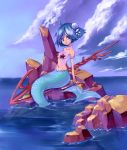  blue_hair highres mermaid monster_girl ocean rock rocks scales sea short_hair starfish tamachi_kuwa weapon 