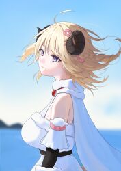  1girl ahoge animal_ears blonde_hair blue_sky blurry blurry_background bow bowtie breasts cape closed_mouth commentary day detached_sleeves dress english_commentary floating_hair from_side fur-trimmed_cape fur-trimmed_dress fur-trimmed_sleeves fur_trim hair_ornament hairclip half_up_half_down_braid hidoryy highres hololive horns large_breasts motion_blur ocean outdoors red_bow red_bowtie sheep_ears sheep_girl sheep_horns short_dress short_hair sky sleeveless sleeveless_dress smile tsunomaki_watame tsunomaki_watame_(1st_costume) violet_eyes virtual_youtuber white_cape white_dress 