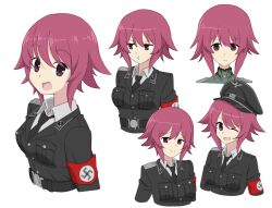  1girl 5pb. armband averting_eyes belt black_cat03 black_jacket chaos;child collar_tabs commission germany hair_between_eyes hat_ornament highres jacket looking_at_viewer looking_to_the_side military_uniform multiple_expressions multiple_views narrowed_eyes nazi necktie one_eye_closed onoe_serika open_mouth original pink_eyes pink_hair pout reichsadler sidelocks siegrunen simple_background skull_hat_ornament smile smirk smug solo ss_insignia ss_uniform swastika tongue totenkopf waffen-ss white_undershirt world_war_ii 