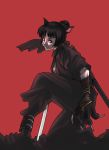  armor black_hair g-room_honten japanese_clothes katana mole ninja original red_background short_hair simple_background sword weapon 