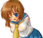  blue_eyes brown_hair higurashi_no_naku_koro_ni lowres ryuuguu_rena school_uniform serafuku short_hair sketch wink 