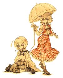  antenna ara arai_kuma ascot collar kazami_yuuka leash parasol pet_play plaid plaid_skirt plaid_vest sepia short_hair skirt skirt_set spot_color touhou umbrella white_background wriggle_nightbug 