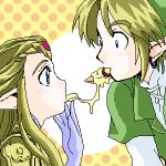  1girl blonde_hair blush couple face food gloves link lowres mouth_to_mouth_feeding nachos nintendo oekaki pizza pointy_ears princess_zelda shared_food the_legend_of_zelda 