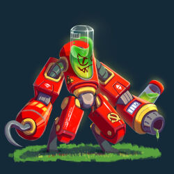  acid arm_cannon barcode biohazard_symbol blue_background commentary cyrillic dripping english_commentary full_body grass hammer_and_sickle hook hook_hand iwse_zhang liquid no_humans original robot simple_background solo standing translation_request weapon 