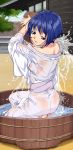  bad_id bathing blue_eyes blue_hair derivative_work from_behind highres japanese_clothes naughty_face sakuraba_aoi sazanami_(artist) see-through short_hair solo squatting water wet_clothes 