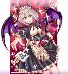  +_+ 1girl :d absurdres apron balatro black_dress card commentary demon_horns demon_wings dress english_commentary frilled_apron frills grey_hair hair_between_eyes hair_ornament heart highres horns indie_virtual_youtuber joker_(playing_card) juliet_sleeves long_sleeves looking_at_viewer maid_headdress moonlightguyeh open_mouth playing_card poker_chip puffy_sleeves red_eyes red_ribbon ribbon second-party_source skirt_hold smile solo teeth tongue twitter_username virtual_youtuber waist_apron wings yukiko_yasashi 
