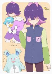  1girl arrow_(symbol) blush_stickers border brown_pants cardigan closed_mouth commentary_request dot_(pokemon) fuyuu_(float_39bui) hair_over_eyes hand_up highres hood hood_down hooded_cardigan jacket long_sleeves multicolored_hair multiple_views nidothing notice_lines pants pink_hair pokemon pokemon_(anime) pokemon_(creature) pokemon_horizons purple_cardigan purple_hair quaxly translation_request two-tone_hair white_border 