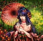  blue_hair breasts camellia_(flower) cherry_blossoms cleavage colorful flower hair_ornament hairclip japanese_clothes kimono large_breasts lipstick long_hair oriental_umbrella piote red_eyes ribbon smile tattoo tengen_toppa_gurren_lagann umbrella 