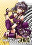  beatmania beatmania_iidx braid checkered fan fishnets grey_hair headphones hifumi mikage_nao purple_eyes purple_legwear sitting smile solo thighhighs wristband zettai_ryouiki 