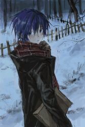  1boy absurdres bag bare_tree black_coat blue_eyes blue_hair blush carrying carrying_under_arm coat fence forest hair_between_eyes highres holding holding_scarf holding_unworn_clothes kaito_(vocaloid) long_coat looking_back male_focus medium_hair mnkurooo nature paper_bag parted_lips plaid_clothes plaid_scarf red_scarf scarf sidelocks snow solo tree vocaloid winter winter_clothes winter_coat 