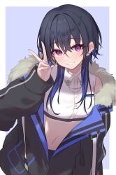  1girl absurdres black_hair black_jacket crop_top cropped_shirt crossed_bangs earrings fur-trimmed_jacket fur_trim grin hair_between_eyes head_tilt highres ichinose_uruha ichinose_uruha_(4th_costume) jacket jewelry kmdr_04 leaning_forward long_hair looking_at_viewer midriff multicolored_hair navel off_shoulder partially_open_jacket shirt simple_background single_bare_shoulder sleeveless sleeveless_shirt smile solo streaked_hair stud_earrings upper_body v violet_eyes virtual_youtuber vspo! white_shirt wolf_cut 