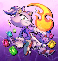  1girl artist_name blaze_the_cat cat_tail chao_(sonic) eyelashes fire forehead_jewel frown fur_trim furry furry_female hexagon high_heels jewelry judgedarts looking_at_viewer necklace purple_background sol_emerald solo sonic_(series) sparkle tail yellow_eyes 