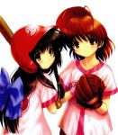  baseball_bat baseball_helmet baseball_uniform blush bow clannad furukawa_nagisa helmet ibuki_fuuko sportswear wristband 