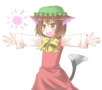  blush brown_eyes brown_hair cat_ears cat_tail chen earrings fang hat jewelry short_hair solo sun tail toobane touhou 
