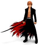  bankai bleach highres idnar king_of_fighters kurosaki_ichigo male male_only muscle open_clothes open_shirt orange_hair parody realistic shirt simple_background snk solo sword weapon 
