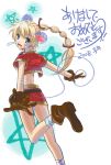  bad_id bandages beads belt blonde_hair blue_eyes boots braid chrono_cross from_behind gloves hair_ribbon jewelry kid_(chrono_cross) leg_lift long_hair looking_back midriff necklace ribbon skirt solo tota translation_request vest 