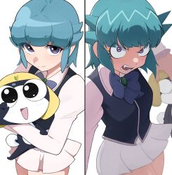  1boy 1girl angry black_hair black_skin blue_bow blue_hair bow breasts colored_skin fang frog_boy grabbing_another's_head hat highres hug jewelry keroro_gunsou kohiru_atsuku looking_at_viewer multiple_views nishizawa_momoka open_mouth pendant school_uniform short_hair shoshinsha_mark skirt smile spiky_hair tadpole_tail tamama violet_eyes white_background white_skirt 