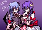  bad_id bangs bat_wings blue_hair book child cloud clouds crescent if_they_mated long_hair multiple_girls patchouli_knowledge purple_hair red_eyes remilia_scarlet ribbon ribbons rough short_hair siblings silver_hair sisters tima touhou translated wings wrist_cuffs 