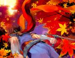  autumn_leaves capcom from_behind from_below hpa hpa_(pixiv) leaf leaves male male_only ninja red_scarf scarf strider_(video_game) strider_hiryu strider_hiryuu sword weapon 