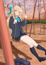  1girl :o absurdres black_shoes black_skirt black_socks blonde_hair blue_archive blue_bow blue_cardigan blue_eyes blunt_bangs blush bow cardigan hair_bow highres kneehighs kumakono long_hair looking_at_viewer official_alternate_costume official_alternate_hairstyle on_swing open_mouth shirt shoes sidelocks skirt socks toki_(blue_archive) toki_(school_uniform)_(blue_archive) white_shirt 
