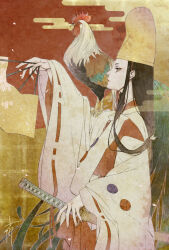  1girl animal_on_shoulder bird black_hair chicken chinese_zodiac closed_mouth commentary from_side hakama hakama_skirt hand_fan hat highres holding holding_fan holding_sheath japanese_clothes kimono long_hair looking_to_the_side new_year nihonga original profile red_hakama ribbon-trimmed_sleeves ribbon_trim rooster sheath sheathed shirabyoshi shiranagi_chiyuki signature skirt solo tate_eboshi white_kimono wide_sleeves year_of_the_rooster yellow_eyes 