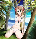  beach bikini blush breasts brown_hair dutch_angle erect_nipples front-tie_top hair_ribbon himitu kneeling large_breasts leaf light_brown_hair long_hair misaki_takahiro ocean palm_tree ribbon ribbons sea see-through side-tie_bikini sky solo string_bikini swimsuit tree 