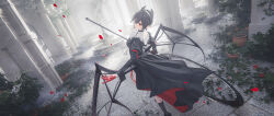  1girl absurdres arknights ascot black_dress black_hair black_socks blender_(medium) chinese_commentary commentary_request dress earrings entelechia_(arknights) falling_petals flower gloves hair_horns highres holding holding_sickle holding_weapon jewelry juliet_sleeves long_sleeves mechanical_wings mole mole_under_eye petals pillar plant pointy_ears potted_plant puffy_sleeves red_eyes red_flower red_gloves red_petals shiwan_fushe socks solo stone_floor weapon white_ascot wings 