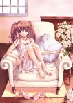  bloomers bouquet brown_hair camisole couch feet flower light_smile long_hair macchatei_koeda petals pillow purple_eyes rose rose_petals roses shoes sitting sleeveless twintails violet_eyes white_rose 