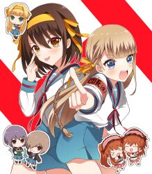  &gt;_&lt; 6+girls :d absurdres akanbe alternate_costume armband asahina_mikuru asahina_mikuru_(cosplay) black_cardigan blue_eyes blue_sailor_collar blue_skirt blunt_bangs brown_eyes brown_hair cardigan character_request chibi chibi_inset cosplay crossover eyelid_pull h_(letter) hair_ribbon hairband highres ichinose_rei idoly_pride kita_high_school_uniform long_hair long_sleeves maid multiple_girls nagato_yuki nagato_yuki_(cosplay) narumiya_kousen narumiya_suzu official_alternate_costume open_cardigan open_clothes open_mouth pleated_skirt pointing purple_hair red_armband red_ribbon ribbon sailor_collar school_uniform serafuku shiraishi_chisa shirt skirt smile standing suzumiya_haruhi suzumiya_haruhi_(cosplay) suzumiya_haruhi_no_yuuutsu teeth tongue tongue_out twintails upper_teeth_only white_shirt winter_uniform yellow_hairband yellow_ribbon 