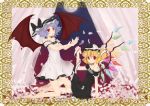  alternate_costume arms_up bare_shoulders barefoot bat_wings blonde_hair border bow curtains dress feathers flandre_scarlet frills full_moon hat hat_ribbon kneeling lavender_hair looking_at_viewer looking_away moon multiple_girls ozawa parted_lips red_eyes remilia_scarlet ribbon short_hair siblings side_ponytail sisters sitting sky star_(sky) starry_sky touhou wings 