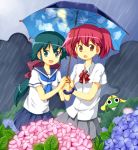  2girls azumaya_koyuki hinata_natsumi keroro keroro_gunsou long_hair multiple_girls open_mouth rain school_uniform serafuku short_hair smile tsurukou_(tksymkw) umbrella 