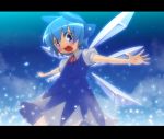  blue_eyes blue_hair blush bow child cirno dress hair_bow kanno letterboxed open_mouth outstretched_arms ribbon ribbons short_hair smile spread_arms touhou wings 